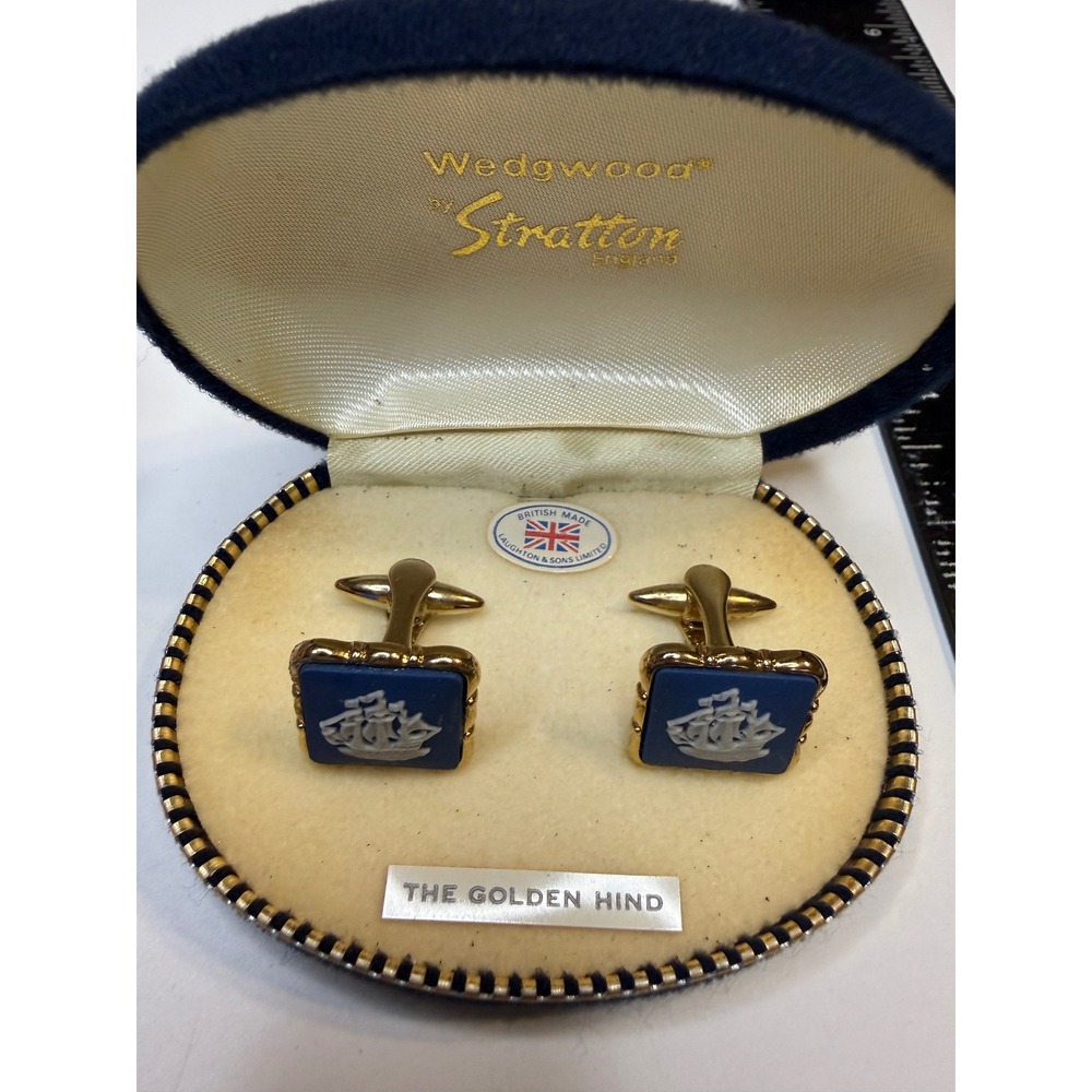 Wedgwood by Stratton Cufflinks Blue Jasperware Golden Hind Ship Gold Tone Box